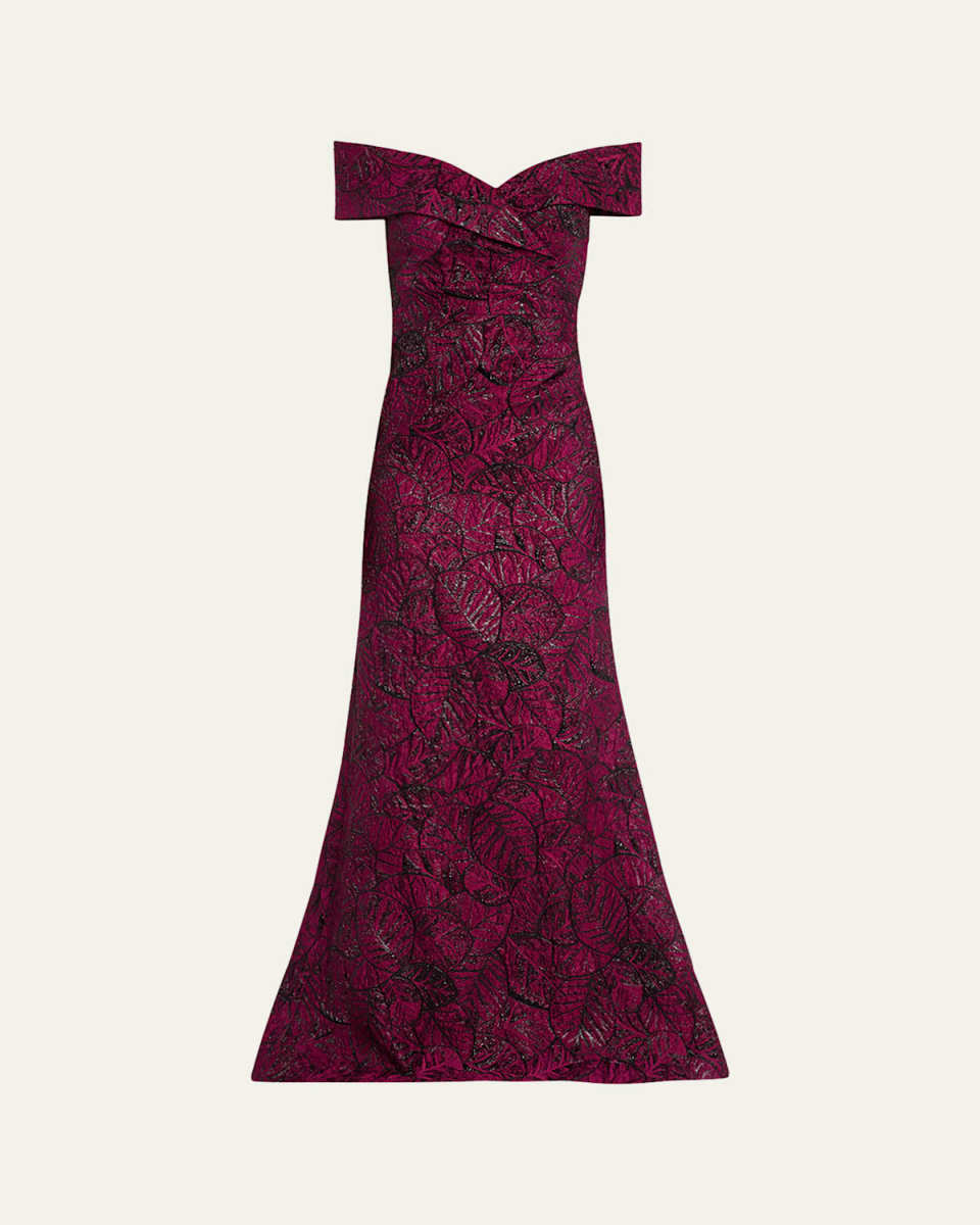 Off-Shoulder Metallic Leaf Jacquard Gown